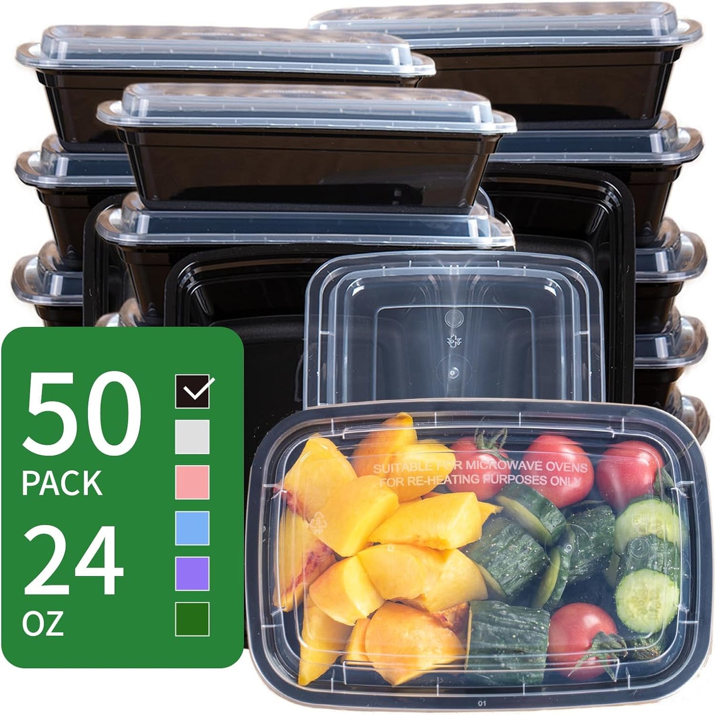 30oz Meal Prep Containers Bulk 50-Pack - 2-Compartment with Lids, Leakproof, Microwave/Freezer/Dishwasher Safe - Commercial Food Storage, Black