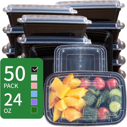 30oz Meal Prep Containers Bulk 50-Pack - 2-Compartment with Lids, Leakproof, Microwave/Freezer/Dishwasher Safe - Commercial Food Storage, Black