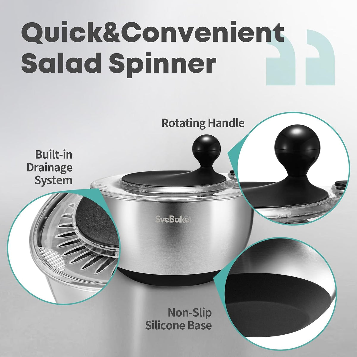 Stainless Steel Salad Spinner 5.3 Qt, Quick Dry & Stop, Easy Drain