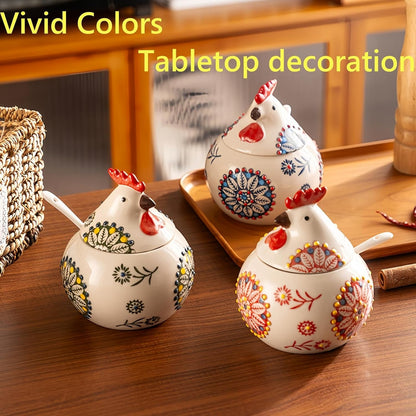 Ceramic Chicken Salt Cellar with Lid and Spoon, 13 OZ Chicken Decor, Blue
