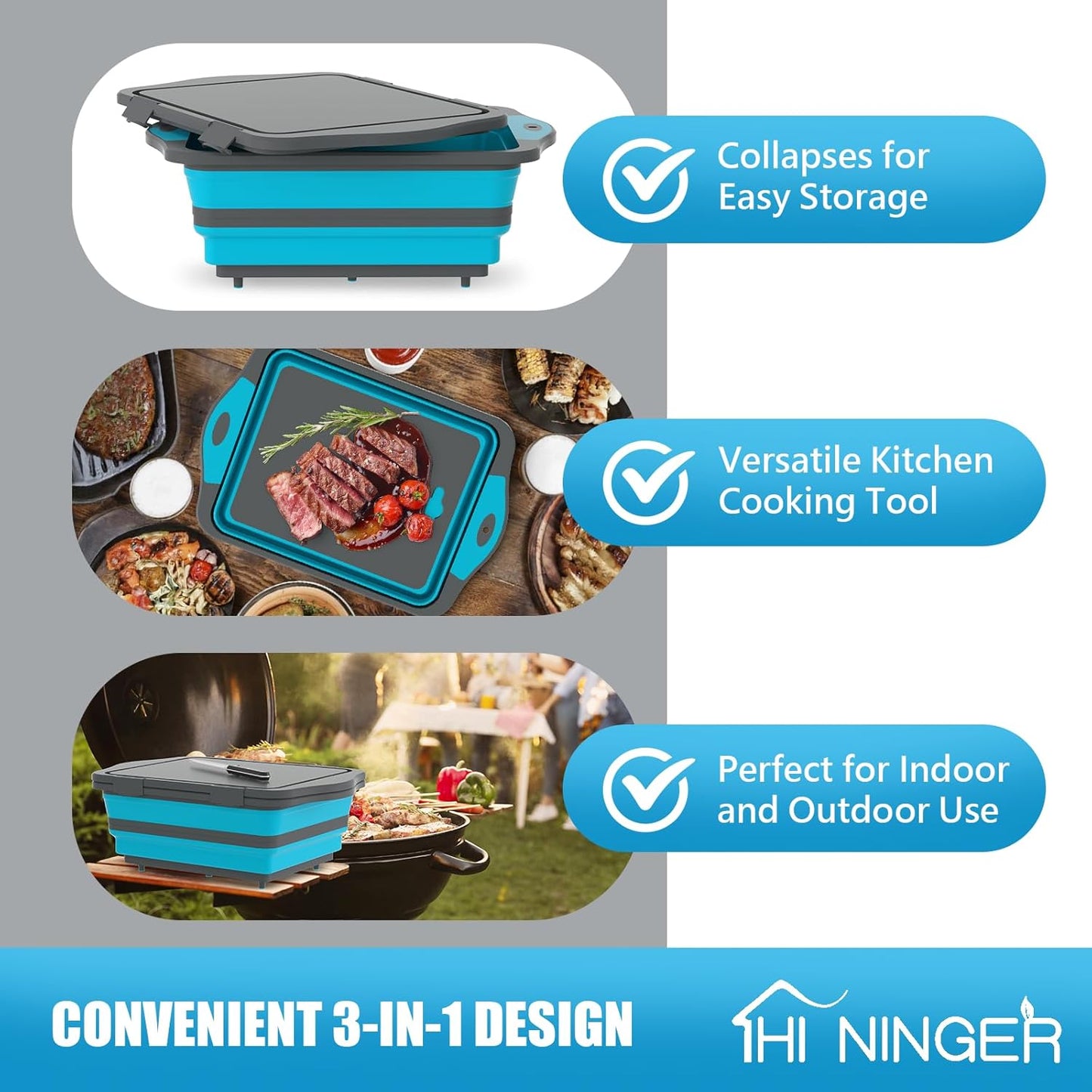 HI NINGER BBQ Prep Tub with Lid, Collapsible Camping Sink with Colander, Cutting Board & Knife Set for Grilling, Smoking & Outdoor Cooking, Collapsible Wash Basin for RV Camping Essentials