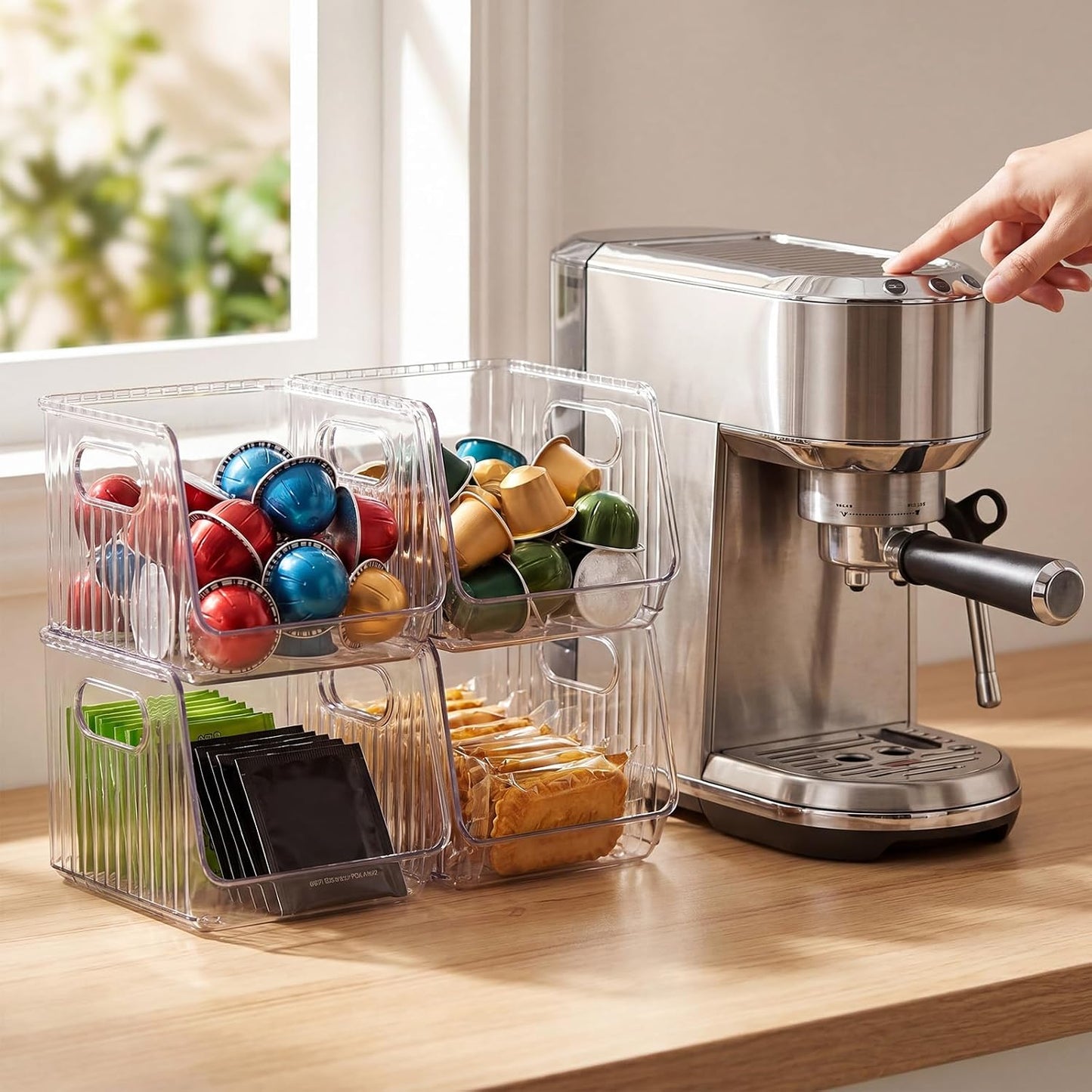 Novabright 4 Pcs Clear Plastic Storage Bins Stackable Pantry Storage Organizer Kitchen Cabinet Organizers Ideal Containers for Coffee Pod Tea Sugar Bag Office Fridge Caddy