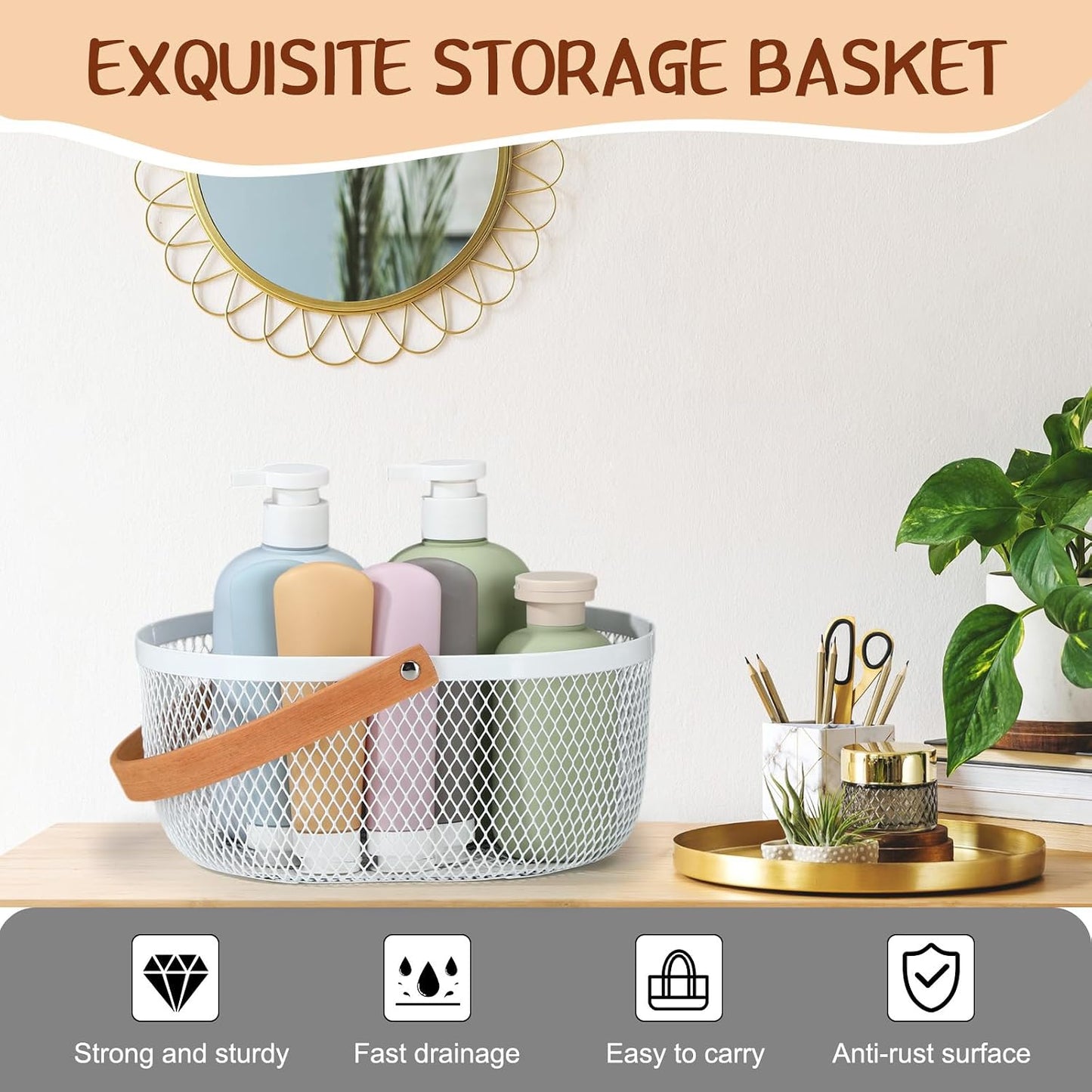 Maxcheck 4 Pcs Oval Metal Wire Storage Basket with Handle for Gathering Vegetables Multi Functional Mesh Basket for Kitchen Bathroom Picnic Home, 10.24 x 7.68 Inch(White)