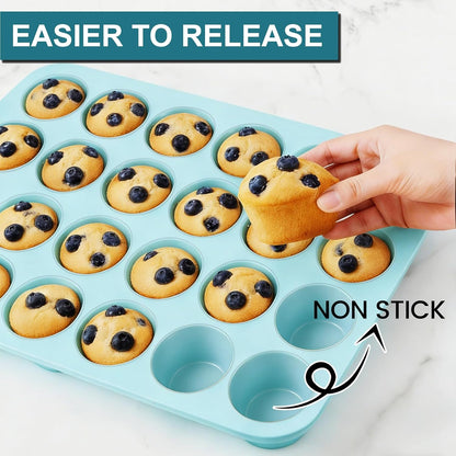 CAKETIME Silicone Mini Muffin Pan, 24 Cups Nonstick Mini Cupcake Pan for Baking Muffin, Cupcake, Egg Bites, Fat Bomb, Light Blue