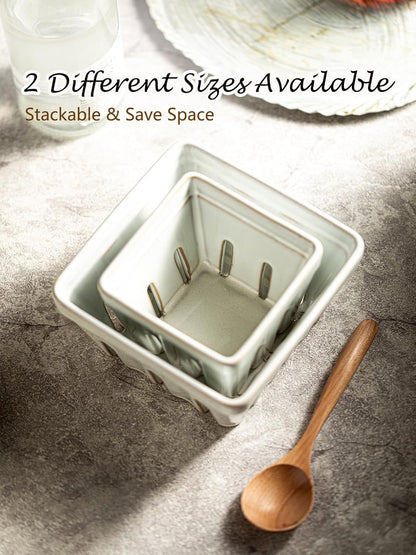 Gomakren Berry Bowls with Holes Ceramic, Berry Washing Bowl Basket Set of 2, 5.8 Inch Round Fruit Bowl Storage Containers, Strawberry Baskets, Farmhouse Kitchen Decor, Yellow + Brown