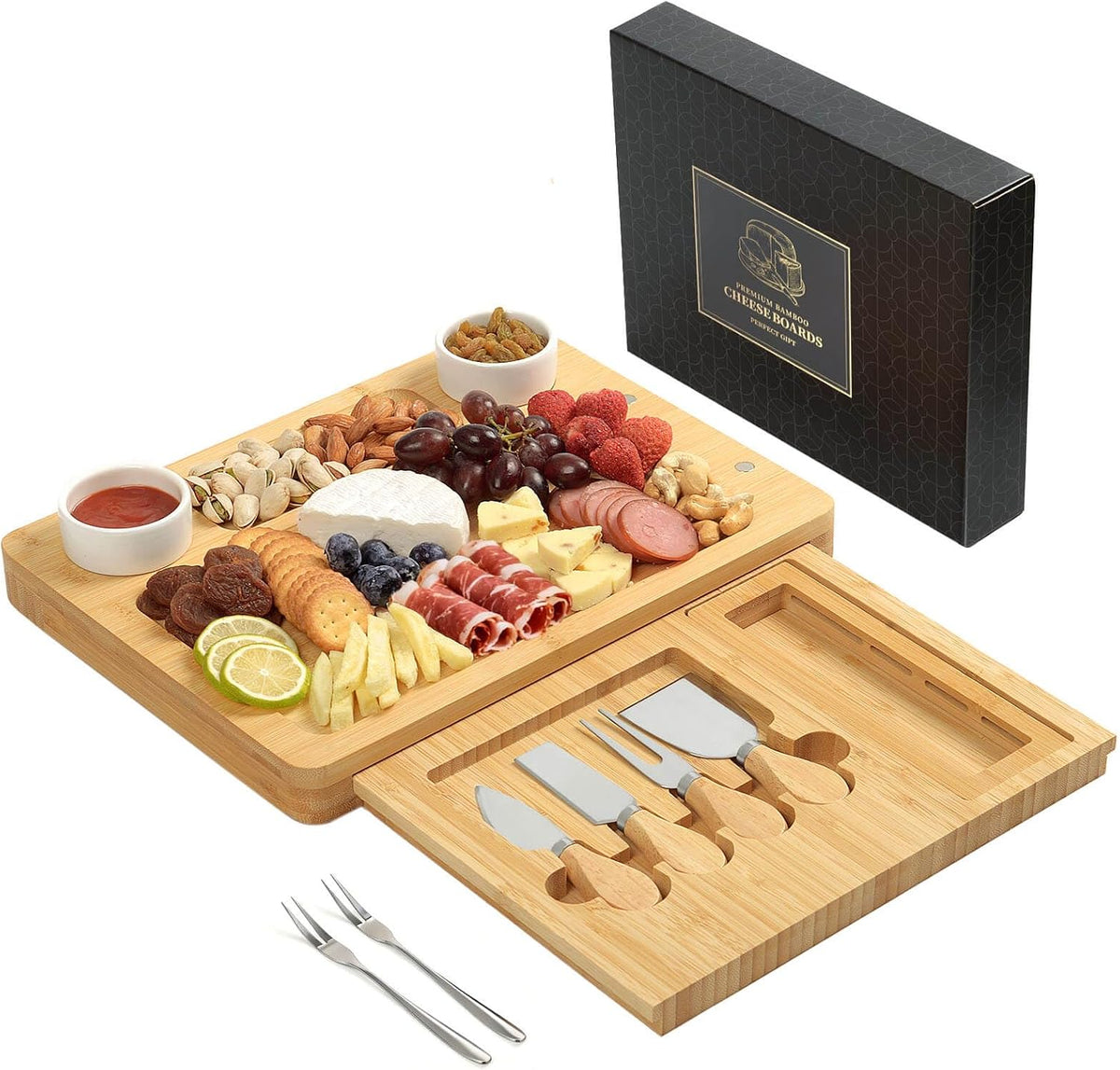 Bamboo Charcuterie Board Set with 4 Cheese Knives, Serving Platter