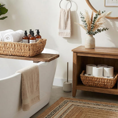 Storage Basket Set of 2 14.4x10.6x4.4 Inch Water Hyacinth Storage Baskets with Wooden Handles Woven Bins for Shelves Natural Handmade Rectangular Organizers for Pantry Bathroom Living Room