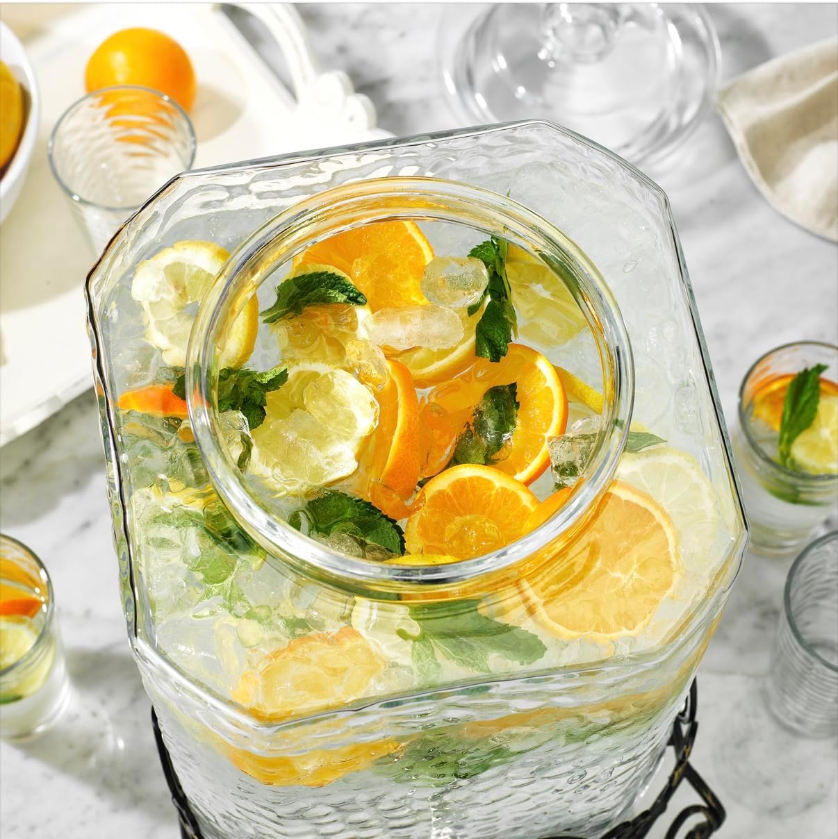 3 Gallon Glass Drink Dispenser with Metal Stand & Lid – Hammered Beverage Dispenser with Leakproof Spigot, Wide Mouth for Easy Fill – Ideal for Parties, Lemonade, Iced Tea, Sangria & More