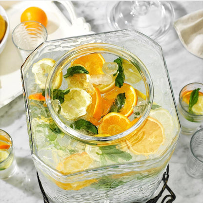 3 Gallon Glass Drink Dispenser with Metal Stand & Lid – Hammered Beverage Dispenser with Leakproof Spigot, Wide Mouth for Easy Fill – Ideal for Parties, Lemonade, Iced Tea, Sangria & More
