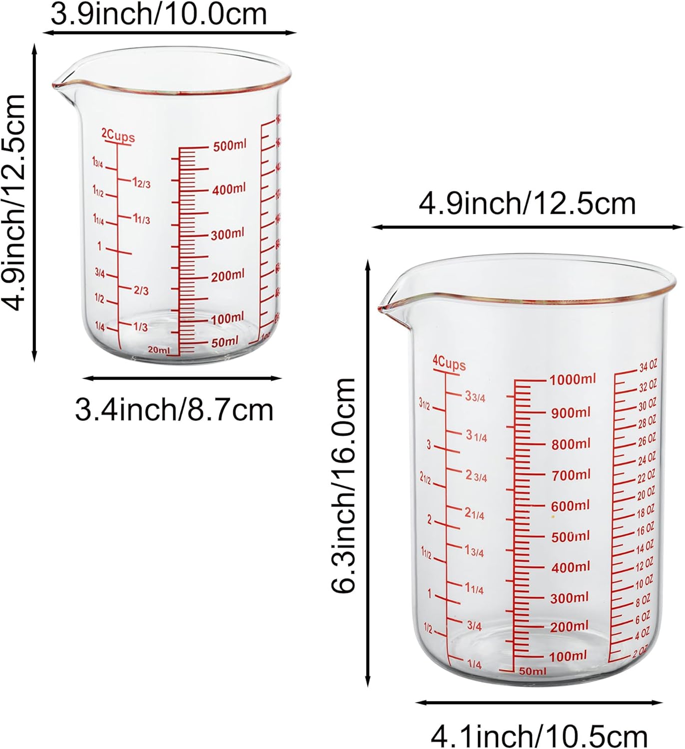 3 Piece Glass Measuring Cup Set, Includes 1/2-Cup, 1-Cup, and 2-Cup High Borosilicate Glasss Liquid Measuring Cups, Dishwasher, Freezer, Microwave, and Preheated Oven Safe, Essential Kitchen Tools