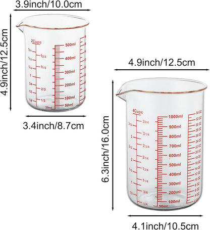 3 Piece Glass Measuring Cup Set, Includes 1/2-Cup, 1-Cup, and 2-Cup High Borosilicate Glasss Liquid Measuring Cups, Dishwasher, Freezer, Microwave, and Preheated Oven Safe, Essential Kitchen Tools