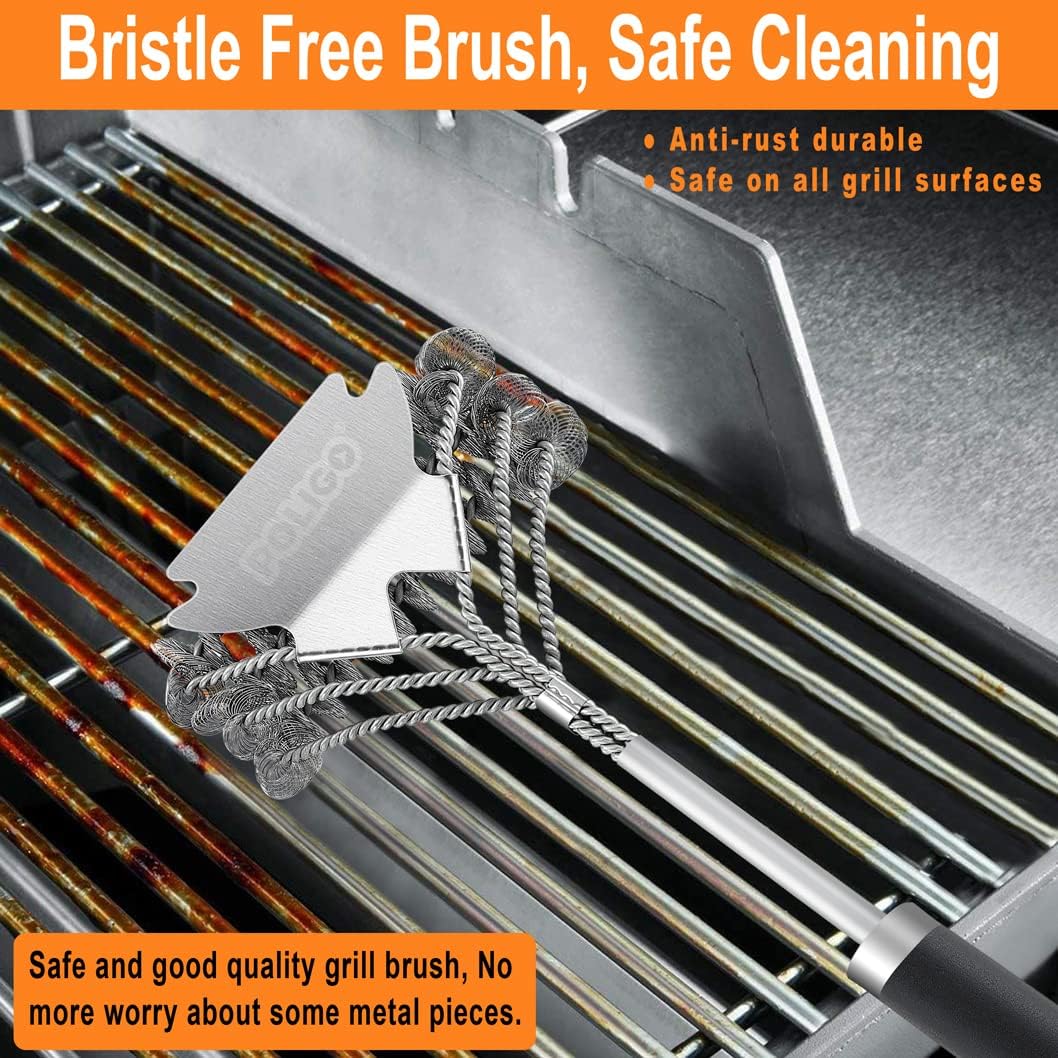 POLIGO Safe Grill Brush and Scraper Bristle Free 18" Grill Cleaner Brush - Stainless Steel BBQ Brush for Grill Cleaning - Wireless Grill Brush with BBQ Scraper for Grill - Gifts for Grill Wizard