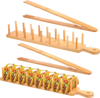 2-Pack Bamboo Taco Holder with Tongs, Each Holds 8 Tacos, Wooden Tacos Rack Tray Stand for Hard or Soft Shells, Burritos, Tortillas, for Taco Night, Party, Kitchen Accessories, Housewarming Gift