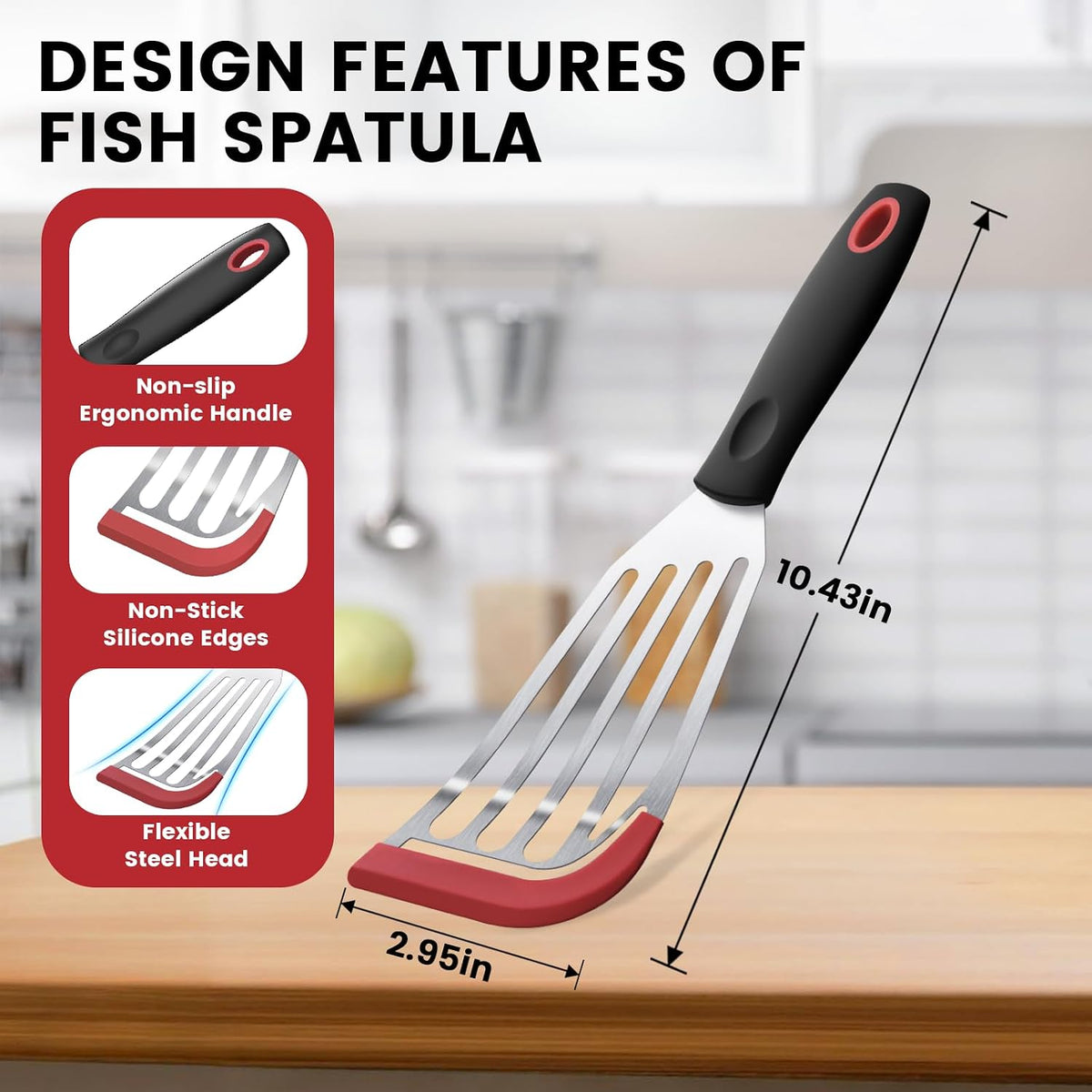 Silicone Fish Spatula, Heat Resistant Silicone Edge for Nonstick Cookware, Fish Turner for Kitchen Use, Flexible and Thin Stainless Steel Cooking utensils, Perfect Slotted Spatula for Egg, Pancake