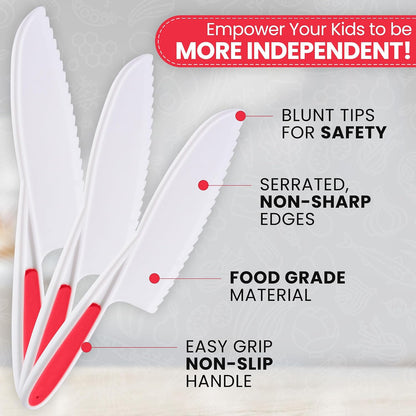 Zulay Kitchen 3-Piece Kids Knife Set for Real Cooking & Baking - Toddler Knives for Cutting Fruits, Veggies, & Cake - Children’s Montessori Knive with Serrated Edges - Safe & Fun Lettuce Knife (Red)