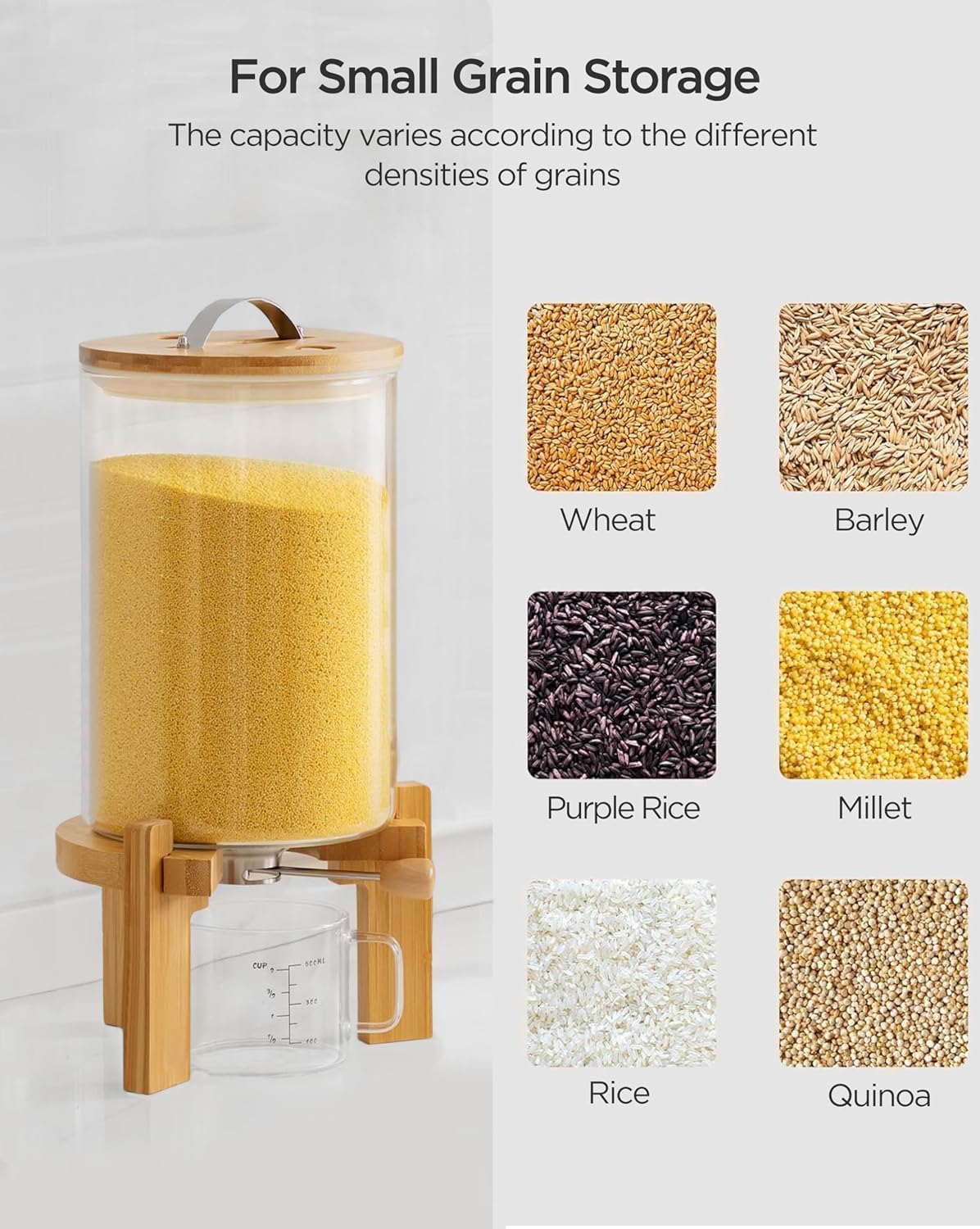 HBlife 5-7 Lbs Glass Rice Dispenser with Wooden Stand Flour and Cereal Container with Glass Measuring Cup Pantry Food Organization Storage Bin with Airtight Bamboo Lid, 3L