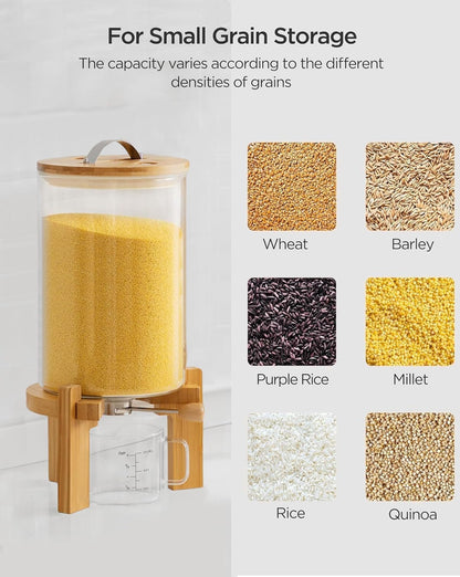 HBlife 5-7 Lbs Glass Rice Dispenser with Wooden Stand Flour and Cereal Container with Glass Measuring Cup Pantry Food Organization Storage Bin with Airtight Bamboo Lid, 3L