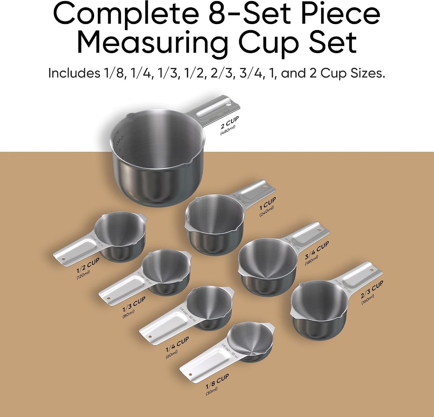 Color Up Measuring Cup Set, 8 Piece, Copper and Chrome Finish, Stainless Steel, Accurate for Wet & Dry Ingredients, Embossed Markings, Easy Pour Spouts, Dishwasher Safe, Kitchen Essential (Stainless)