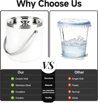 3L Double-Wall Insulated Stainless Steel Ice Bucket with scoop for Cocktail Bar - Metal Ice Bucket for freezer with Lid for parties,Camping,and More!champagne bucket,bar cart accessories