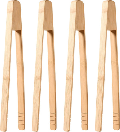 4PCS Wooden Toaster Tongs with Anti-slip Design, Natural Bamboo Tong for Toaster Toasters Tongs 10" Heat-resistant Reusable for Toasters, Bagels, Pastries, and Salads BBQ & Grilling Cooking & Serving