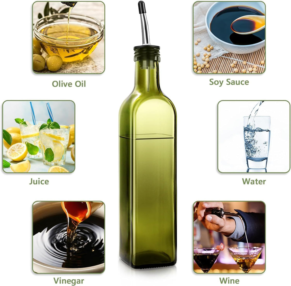Leaflai Olive Oil Dispenser Bottle, Glass Olive Oil Dispenser and Vinegar Dispenser Set with Stainless Steel Pourers, 4 Labels,1 Brush and 1 Funnel Oil Bottles for Kitchen (500ml)