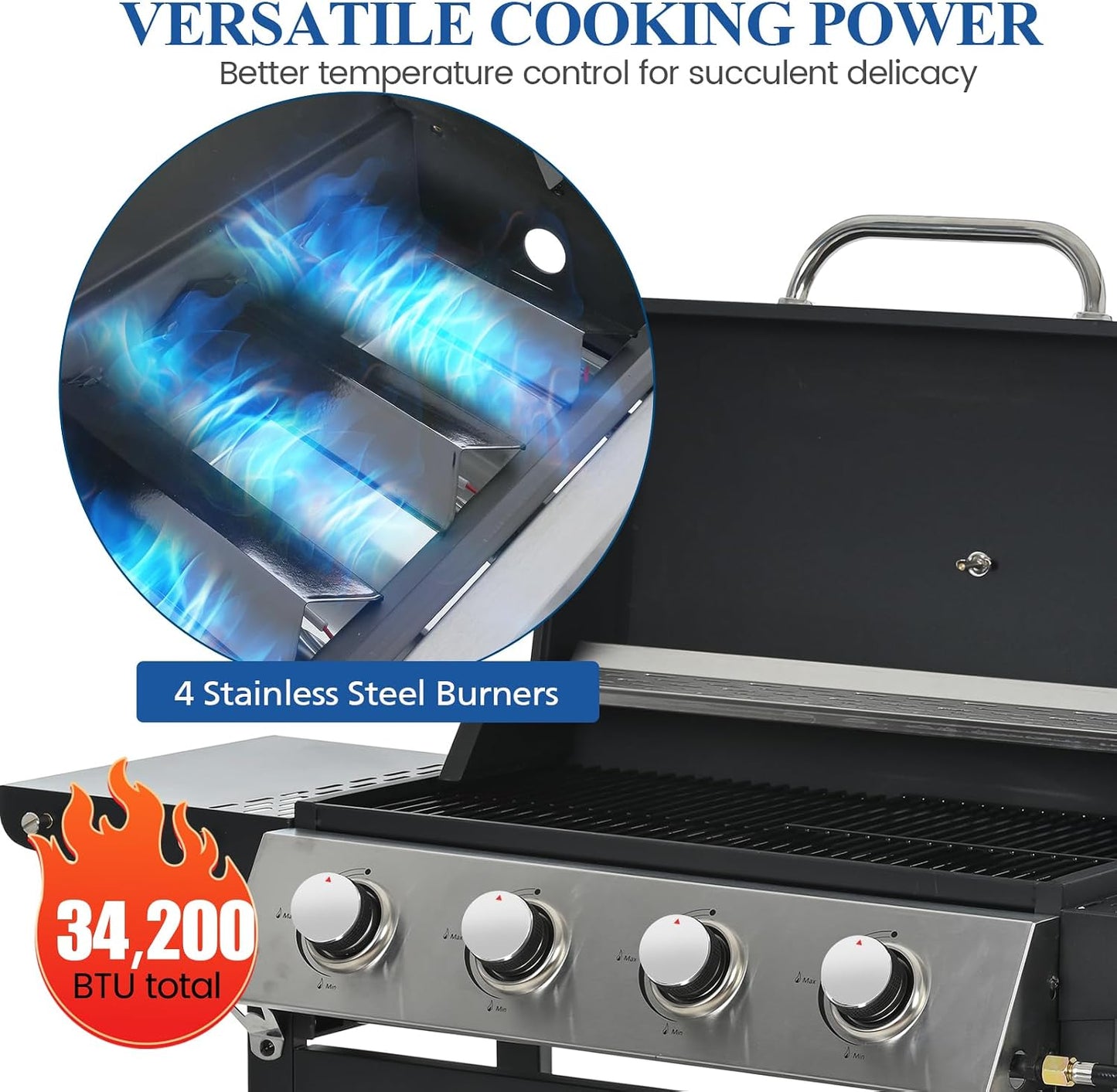3-Burner Propane Gas Grill, 30,000 BTU Stainless Steel Outdoor BBQ Grill with Lid, Side Shelves & Wheels for Patio, Garden and Backyard Cooking