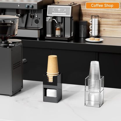 Beego 2-Compartment Cup Holder for Countertop - 2-Tier Clear Acrylic Cup Dispenser Coffee Station Paper Cup and Lid Organizer Condiment Storage for Restaurant Breakroom Kitchen Bar Accessories