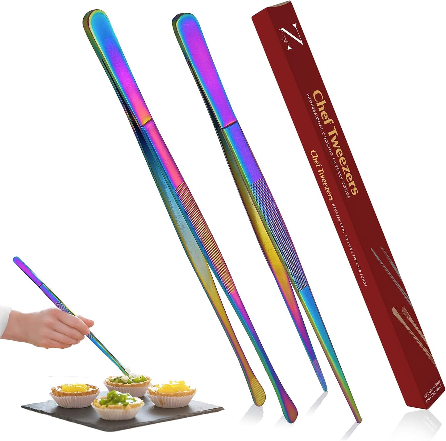 Namre' Tweezer Tongs for Cooking -Plating Tweezers - 2 Pack Stainless Steel Cooking Tongs - Thin Chopstick Tongs (Silver)