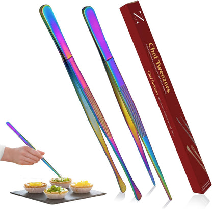 Namre' Tweezer Tongs for Cooking -Plating Tweezers - 2 Pack Stainless Steel Cooking Tongs - Thin Chopstick Tongs (Silver)