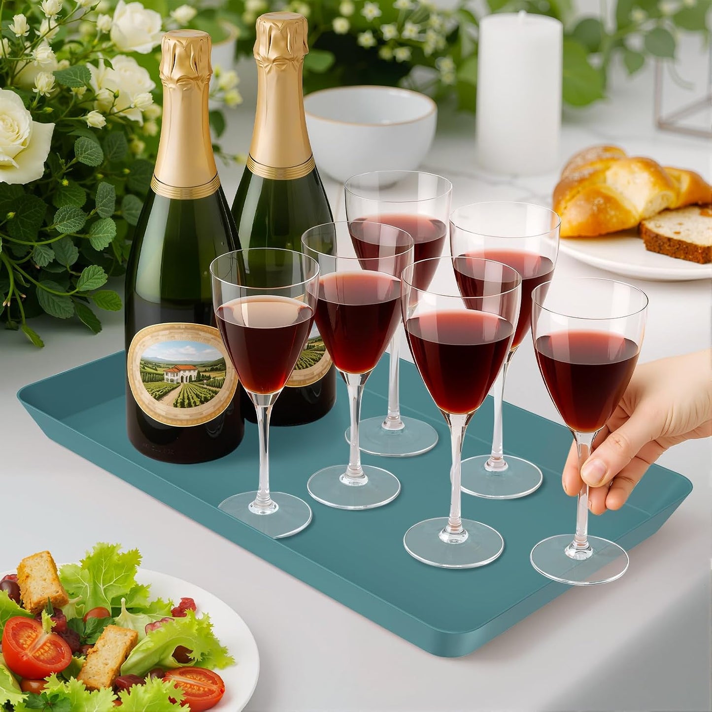 WOWBOX 4 pcs Serving Tray for Party, Grilling Accessories, Serving Platters for Snacks, Fruit, Reusable Plastic Trays for Serving Food and Pantry Organization in Kitchen & for Mothers Day Parties