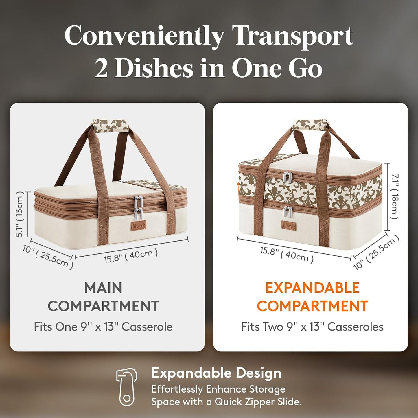Lifewit Insulated Double Decker Casserole Carrier, Expandable Lasagna Lugger Tote Bag for Hot or Cold Food, Fits 9" x 13" Baking Dish for Potluck Parties, Picnic and Cookouts, Grey-Geometric