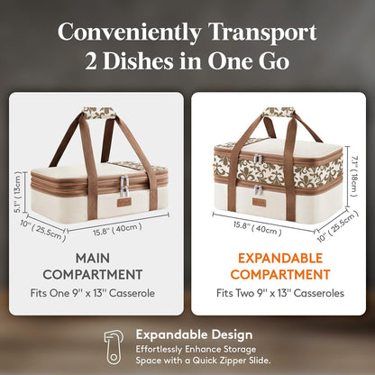 Lifewit Insulated Double Decker Casserole Carrier, Expandable Lasagna Lugger Tote Bag for Hot or Cold Food, Fits 9" x 13" Baking Dish for Potluck Parties, Picnic and Cookouts, Grey-Geometric