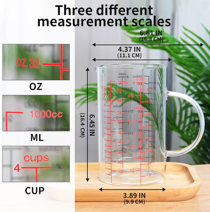77L 3 Pack Glass Measuring Cup Set (1 1/4, 2 & 4 Cup) [Insulated handle, V-Shaped Spout], High Borosilicate Liquid Glass Measure Cup for Kitchen, Easy To Read, Dishwasher, Freezer, and Microwave Safe