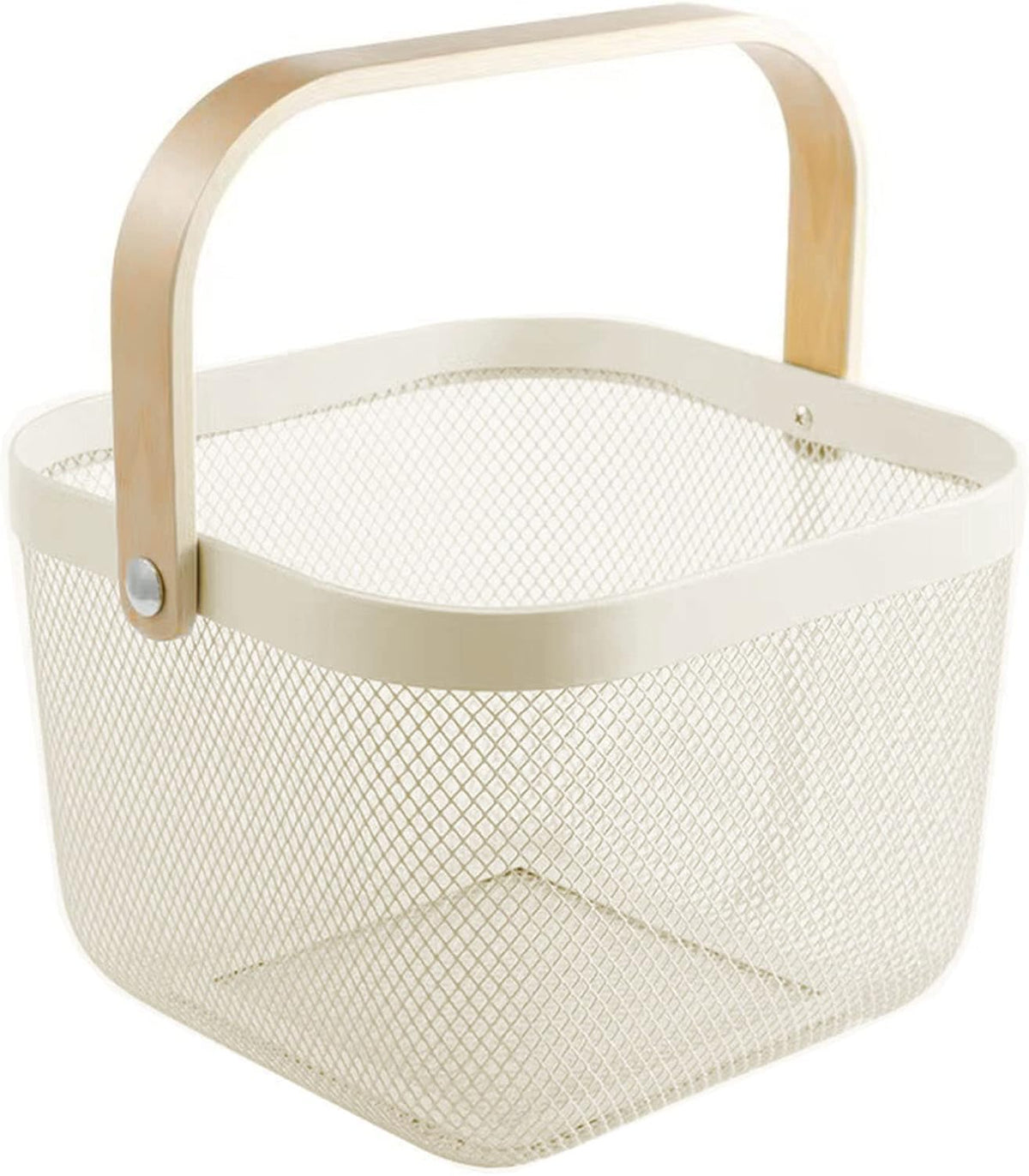 AJIODA Metal Mesh Steel Basket, Storage Organizer Basket Multi-functional Hanging Kitchen Baskets Fruit Basket Bin with Bamboo Handle for Kitchen Bathroom Picnic Shopping Decor Cabinet Home, Blue