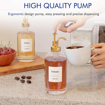 16.9 oz (500 ml) Coffee Syrup Dispenser Set- 4 Glass Bottles with Gold Pumper and Syrup Labels - Precise Dispensing and Stylish Addition to Coffee Shop, Cafe or Home Bar