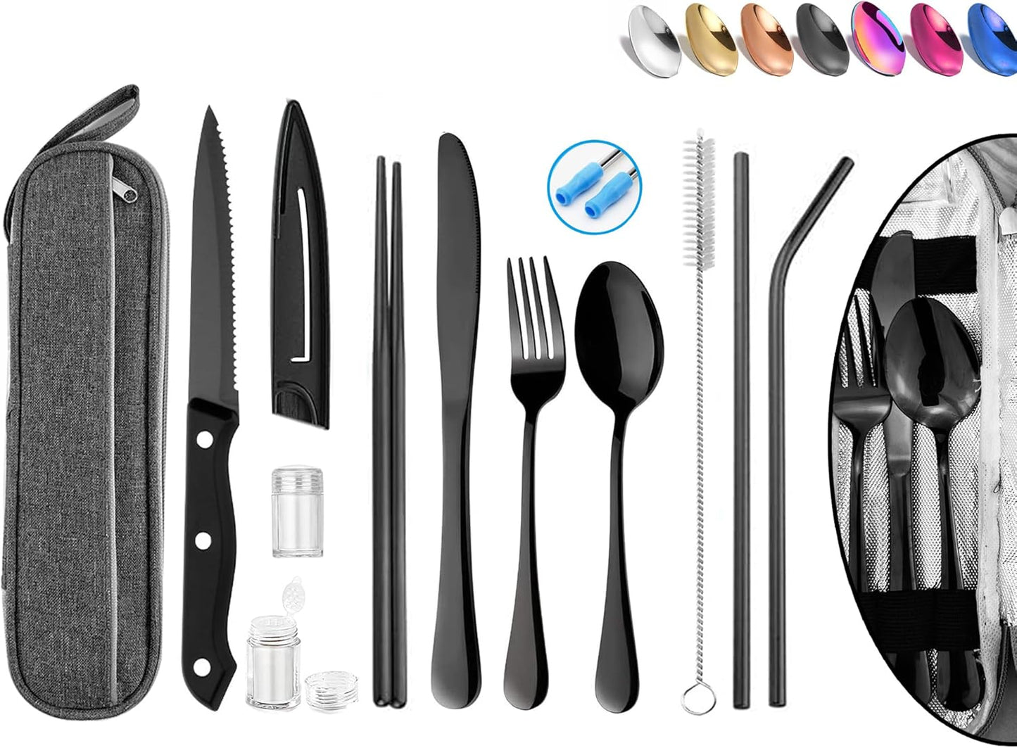 Portable Reusable Travel Utensils Silverware With Case, Camping Cutlery Set, Chopsticks and Straw, Flatware With Case, Stainless Steel Top (Silver)