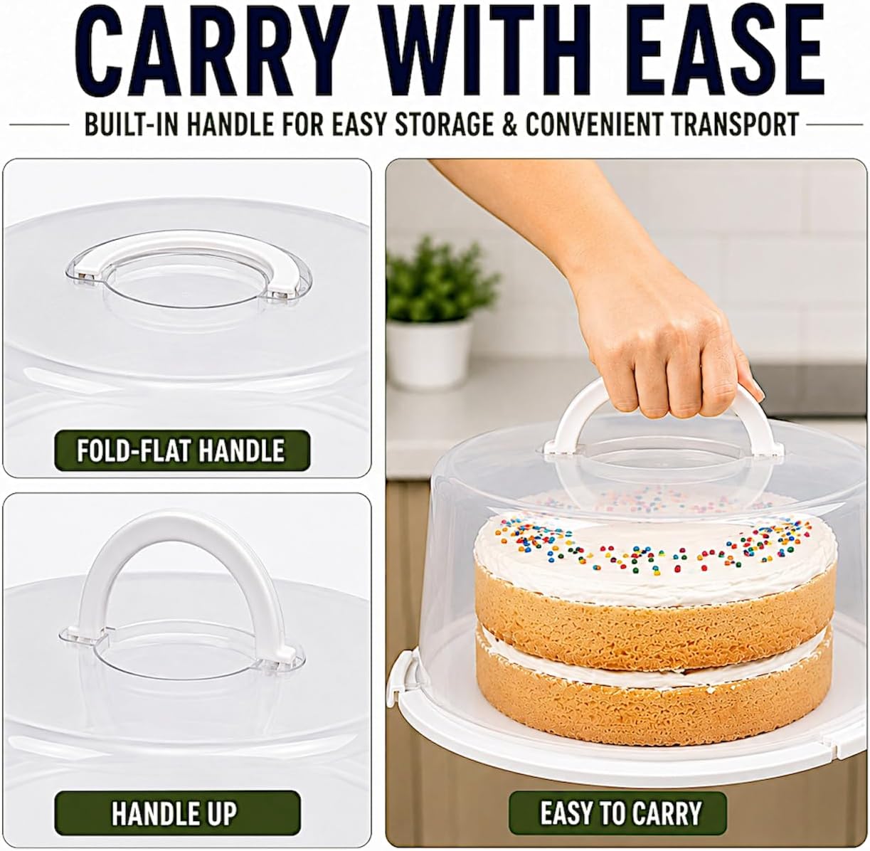 3-Pack Cake Carriers with Lids - 12 × 12 × 4.75 Inch Plastic Cake Containers - Lightweight BPA-Free Plastic Freezer Safe Reusable Storage with Handles Holds 10-Inch Cakes Stackable Easy Transport
