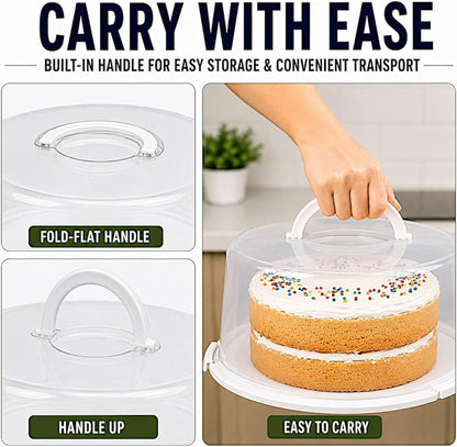 3-Pack Cake Carriers with Lids - 12 × 12 × 4.75 Inch Plastic Cake Containers - Lightweight BPA-Free Plastic Freezer Safe Reusable Storage with Handles Holds 10-Inch Cakes Stackable Easy Transport