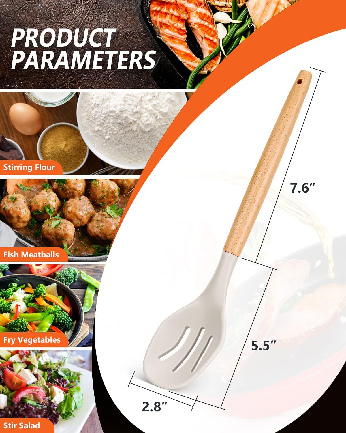 Large Silicone Cooking Spoons, 2 Pack Nonstick Solid and Slotted Wooden handle Spoon Set, Heat Resistan Silicone Kitchen Spoons for Cooking, Serving, Basting, Mixing (Khaki)