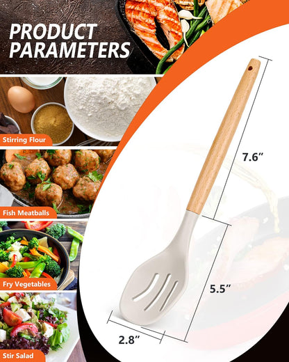 Large Silicone Cooking Spoons, 2 Pack Nonstick Solid and Slotted Wooden handle Spoon Set, Heat Resistan Silicone Kitchen Spoons for Cooking, Serving, Basting, Mixing (Khaki)
