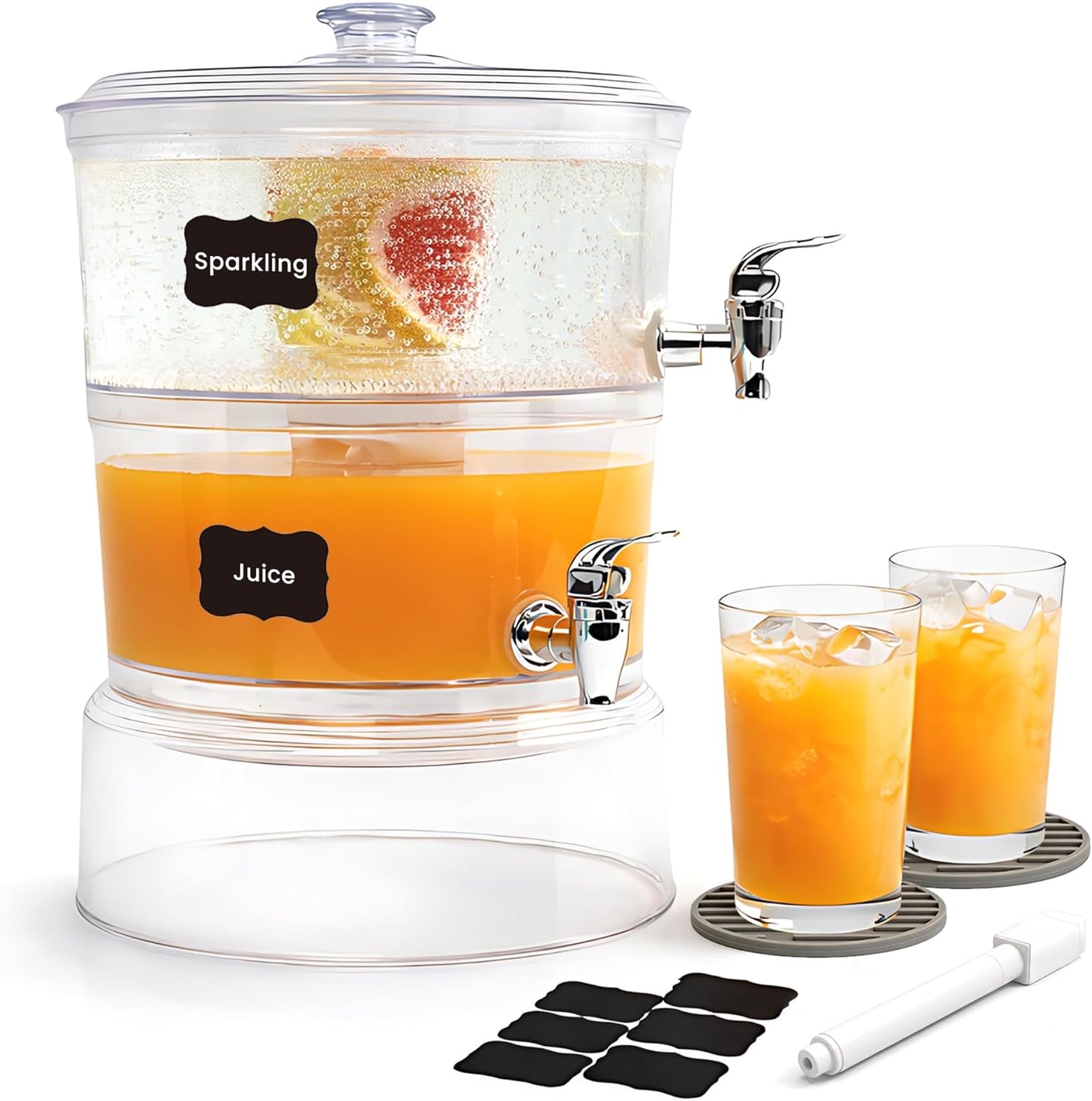LISI 2-Tier Beverage Dispenser, 2 Gallon Stackable Drink Dispenser with Stand Ice Cores & Infusers, BPA-Free Clear Plastic Double Beverage Server for Parties, Events & Home Use