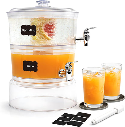 LISI 2-Tier Beverage Dispenser, 2 Gallon Stackable Drink Dispenser with Stand Ice Cores & Infusers, BPA-Free Clear Plastic Double Beverage Server for Parties, Events & Home Use