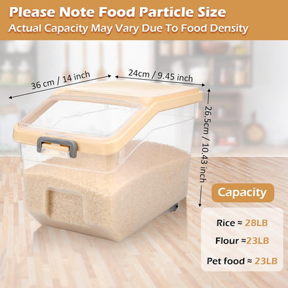 Sunnyray 4 Pcs Rice Storage Containers Bulk Flour Sugar Container Wheels Measuring Cups Set Airtight Pet Dog Cat Birds Food Bin Grain Cereal Organizer Box for Dry Baking (Beige,38 lb)