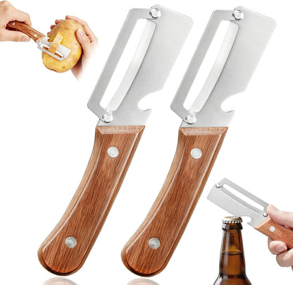 Left & Right Hand Vegetable Peeler Set with Scallion Slicer & Bottle Opener, Thickened Stainless Steel Wide Blade for Smooth Peeling, Wooden Handle Kitchen Peeler for Fruits & Vegetables