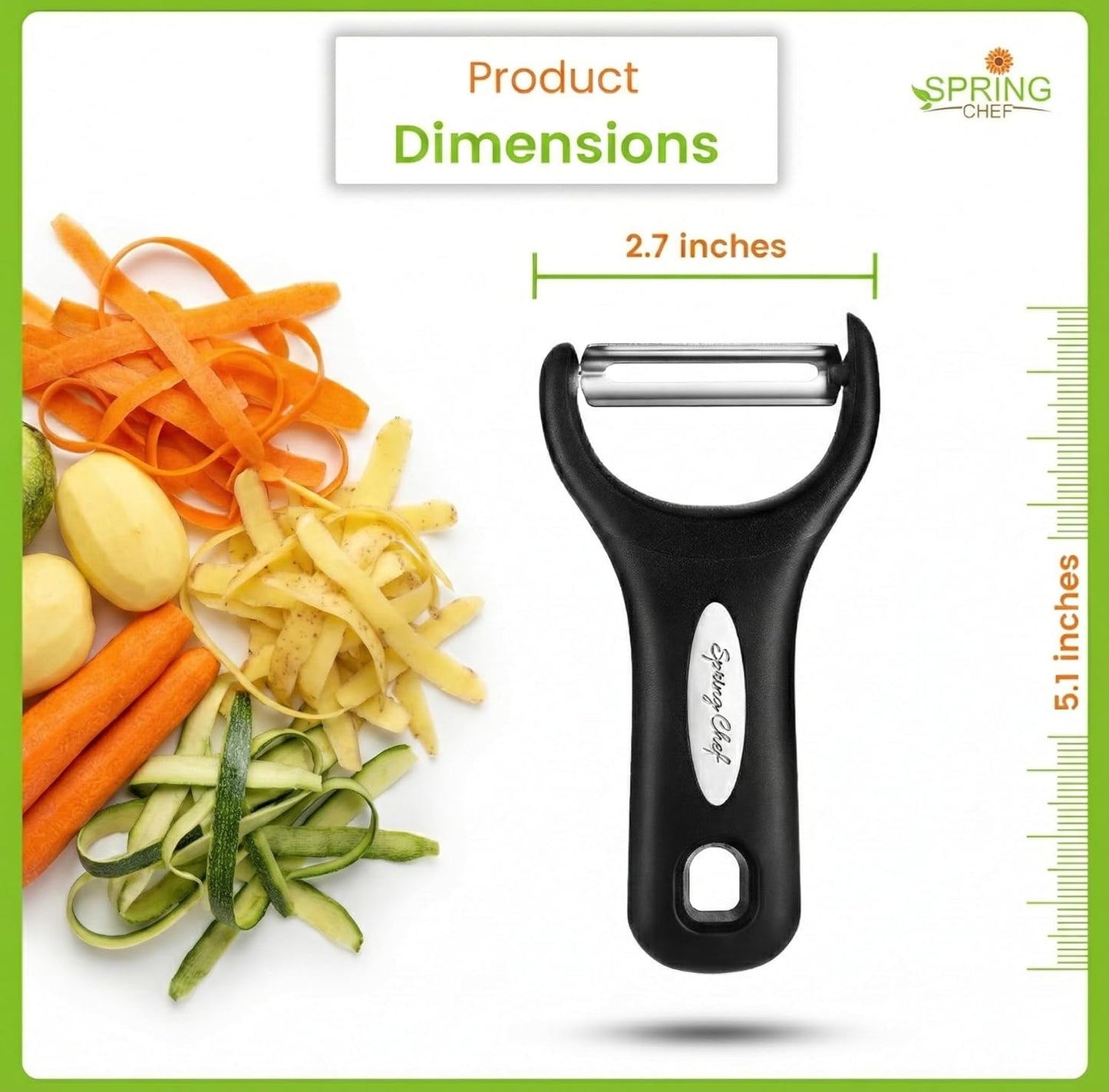 Spring Chef Vegetable Peelers for Kitchen - Stainless Steel Swivel, Y & Julienne Peelers, Potato Peelers with Soft Grip Handles, Kitchen Utensils Set of 3 for Fruits, Veggies, Apples, Carrots