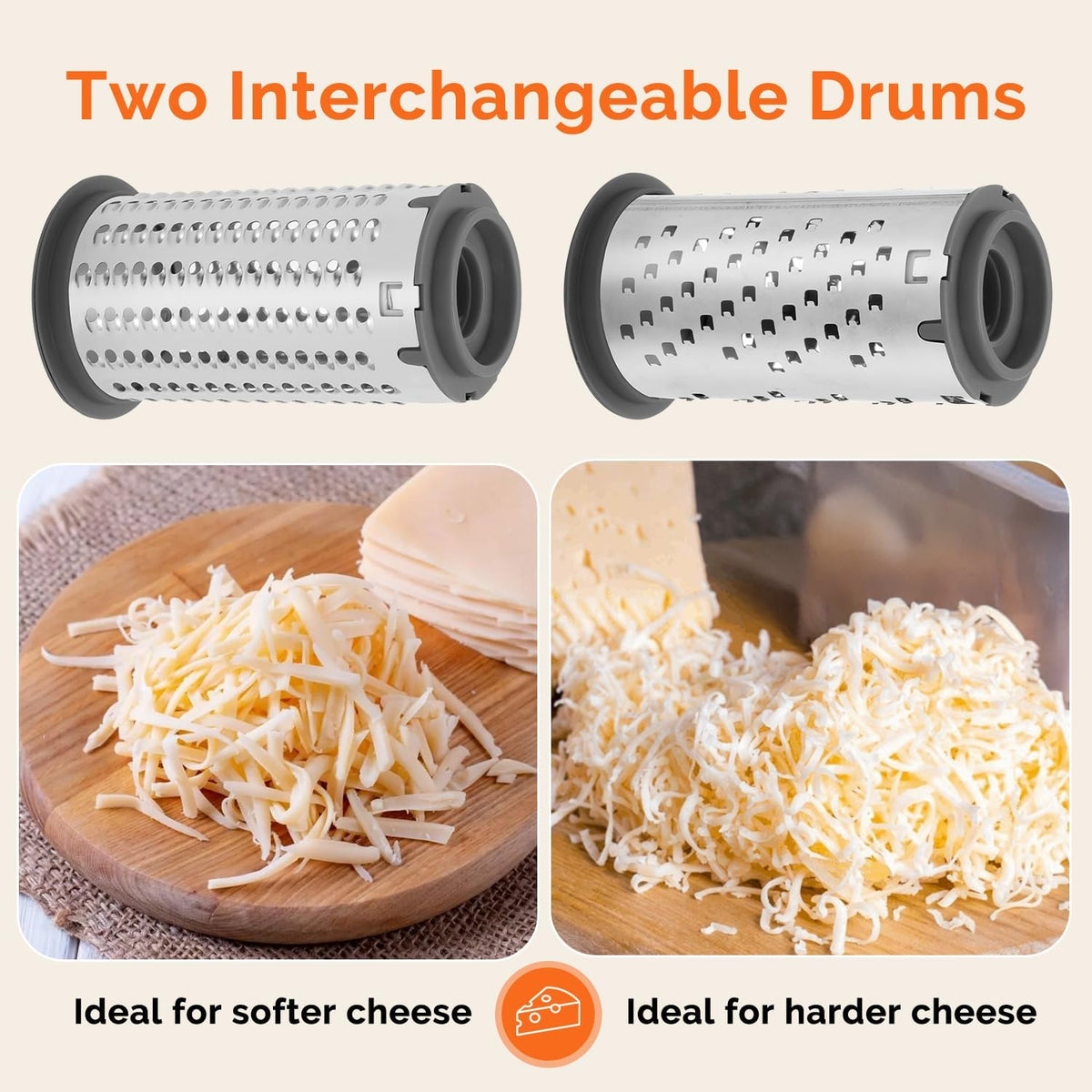 UHIYEE Patented Handheld Parmesan Cheese Grater with 2 Rotary Drums, White