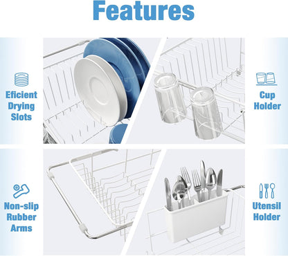 JASIWAY Dish Drying Rack in Sink, Expandable Stainless Steel Dish Drainers for Kitchen Counter, Dish Dryer Rack for Inside Sink, Over The Sink Dish Racks with Utensil Holder, Silver