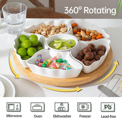 7-Piece Divided Serving Tray Set for Party, 12-Inch Rotating Serving Tray for Dining Table with Removable Dividers, Lazy Susan Platter for Charcuterie, Appetizers & Snacks