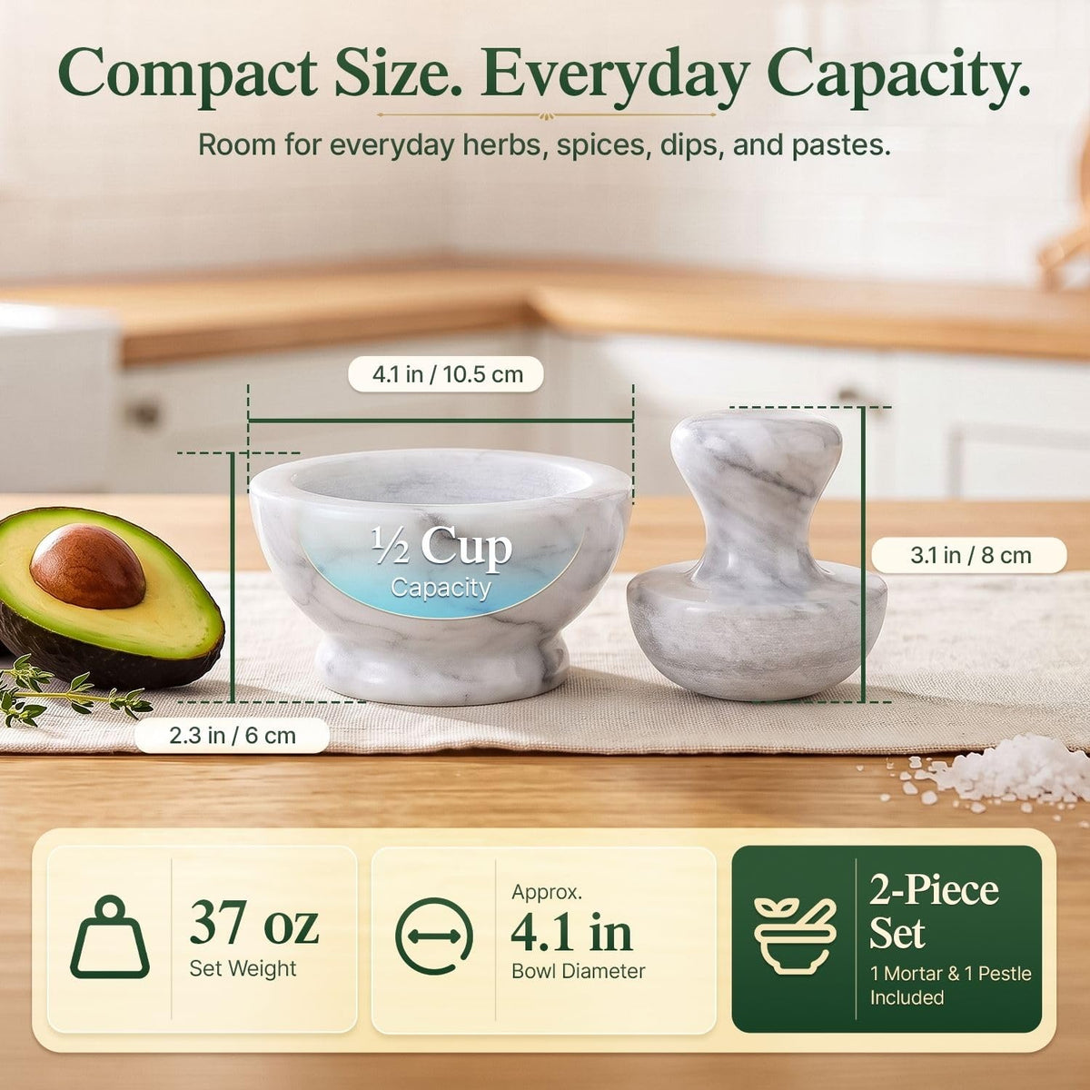 Flexzion Small Marble Mortar and Pestle Set, 4-Inch 1/2-Cup Bowl, White