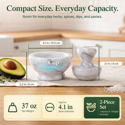 Flexzion Small Marble Mortar and Pestle Set, 4-Inch 1/2-Cup Bowl, White